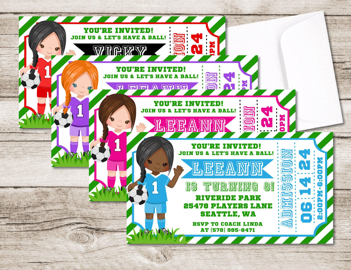 soccer birthday party invitations green ticket design