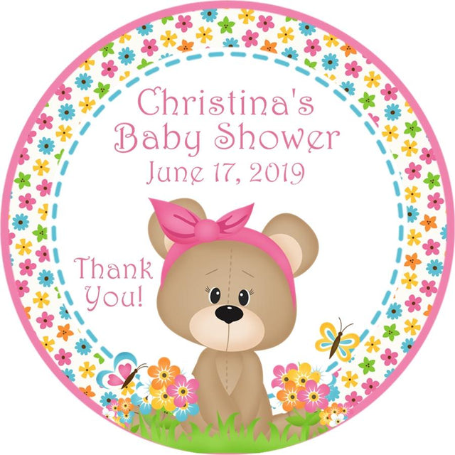 spring teddy bear baby shower sticker with pink headband
