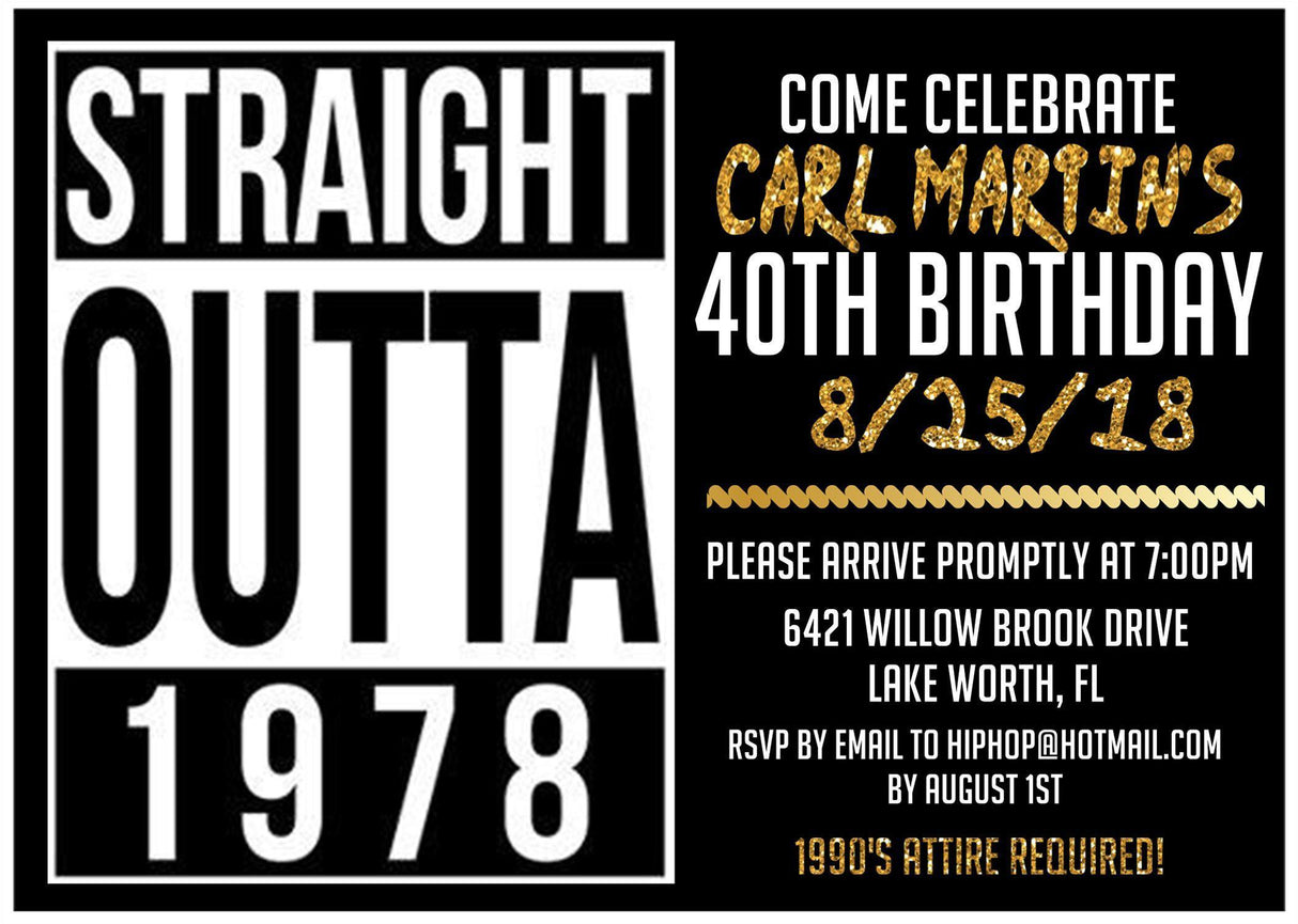 straight outta birthday party invitations black gold design