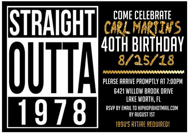 straight outta birthday party invitations black gold design