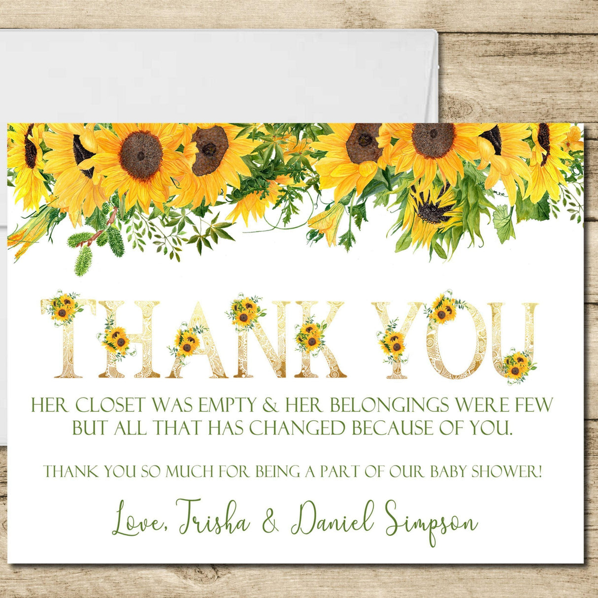 sunflower baby shower thank you cards rustic watercolor floral design