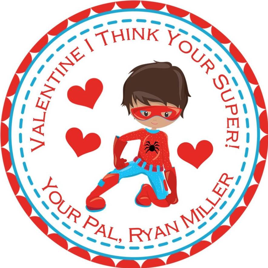 superhero valentine sticker with red and blue costume
