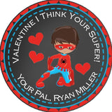 superhero valentine sticker with red and blue hero