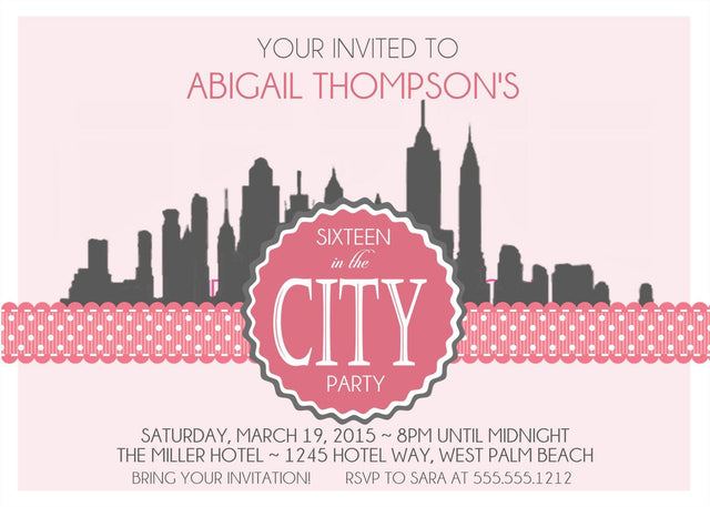 sweet 16 birthday invitations city skyline design
