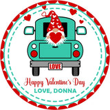 teal truck valentine label with gnome holding heart