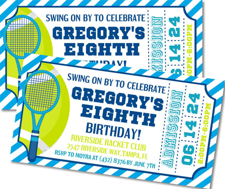 tennis ticket birthday invitations blue green sports design