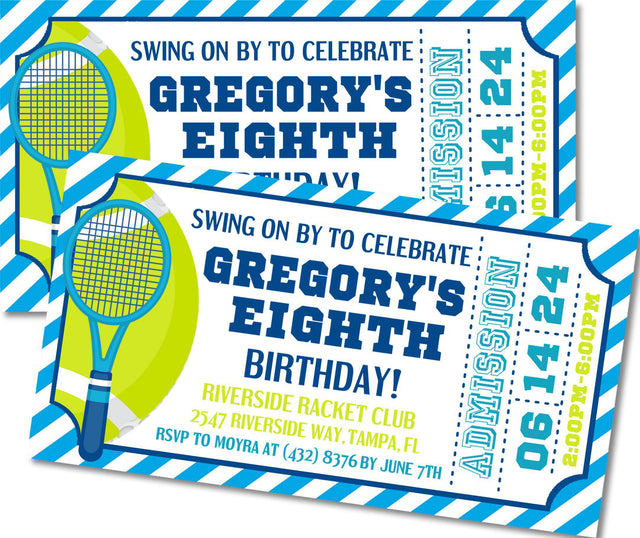 tennis ticket birthday invitations blue green sports design