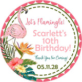 tropical flamingo birthday sticker with pink bird and island flowers