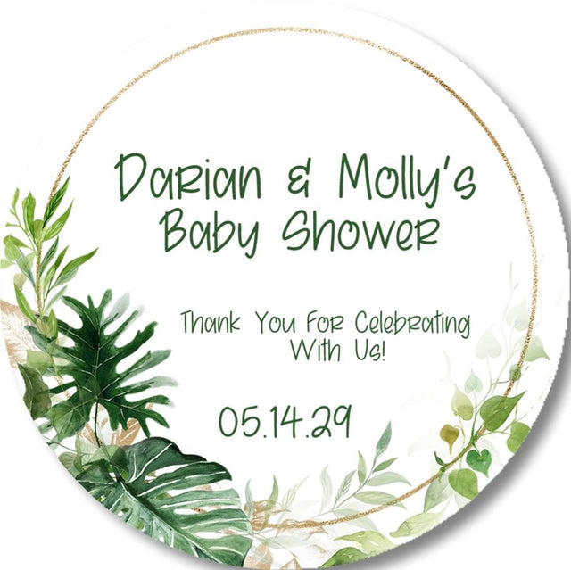 tropical leaf baby shower sticker white background