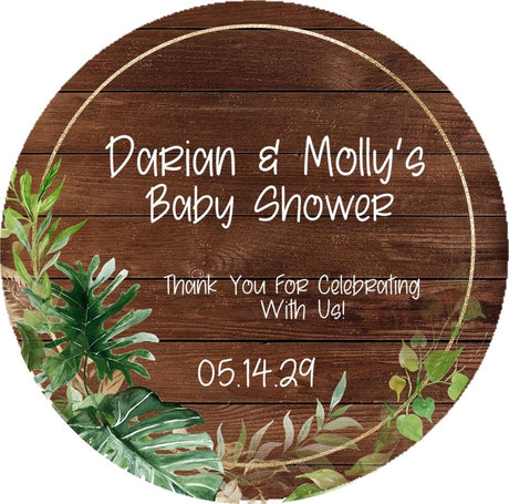 tropical leaf baby shower sticker wood background