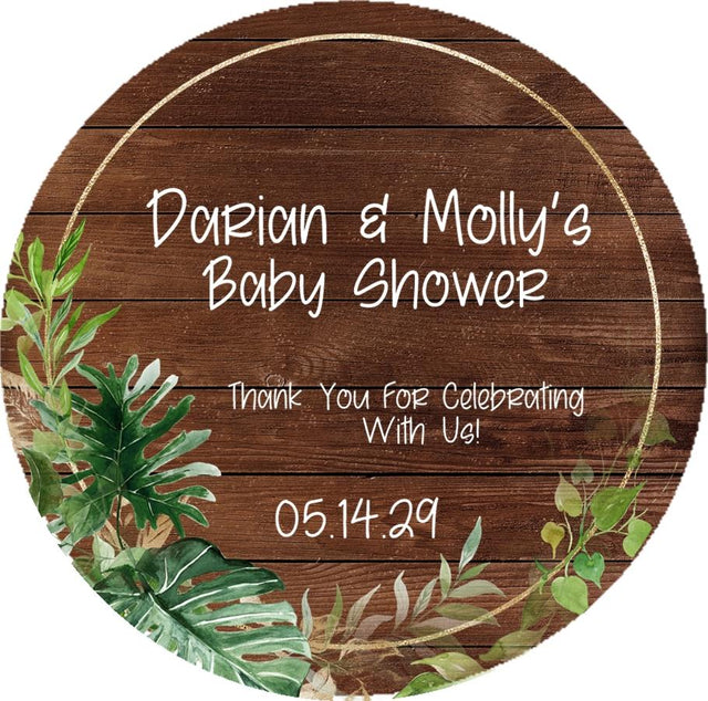 tropical leaf baby shower sticker wood background
