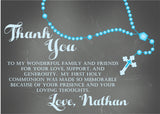 turquoise chalkboard rosary communion thank you cards catholic party design