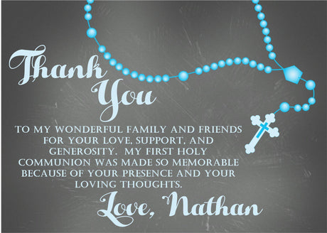 turquoise chalkboard rosary communion thank you cards catholic party design