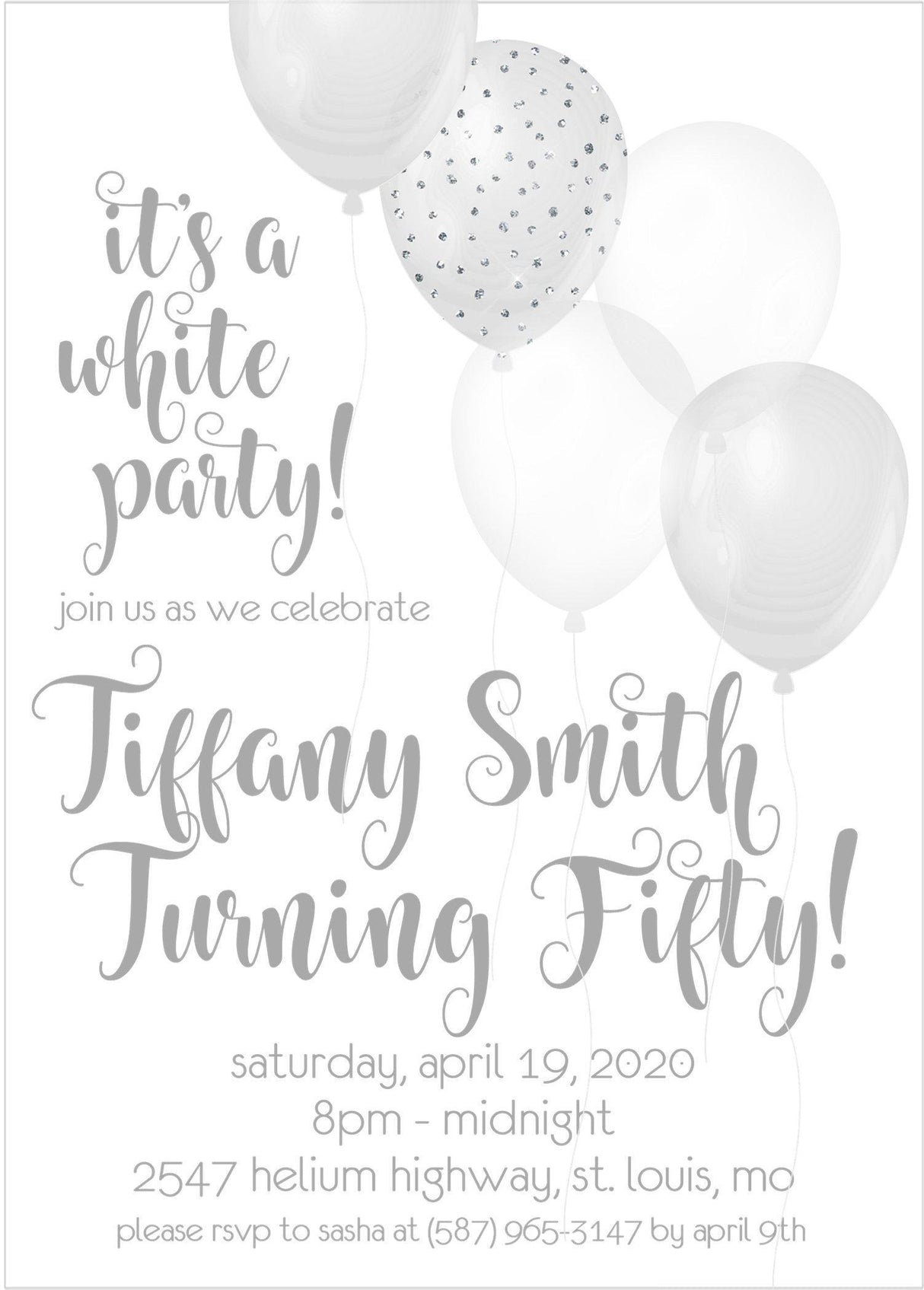 white party birthday invitations elegant balloon design
