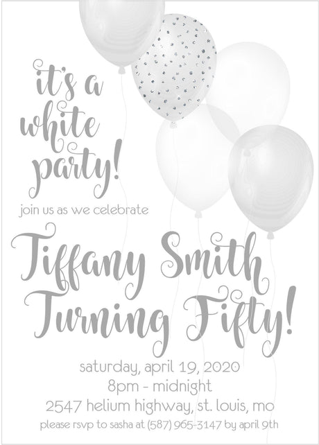 white party birthday invitations elegant balloon design