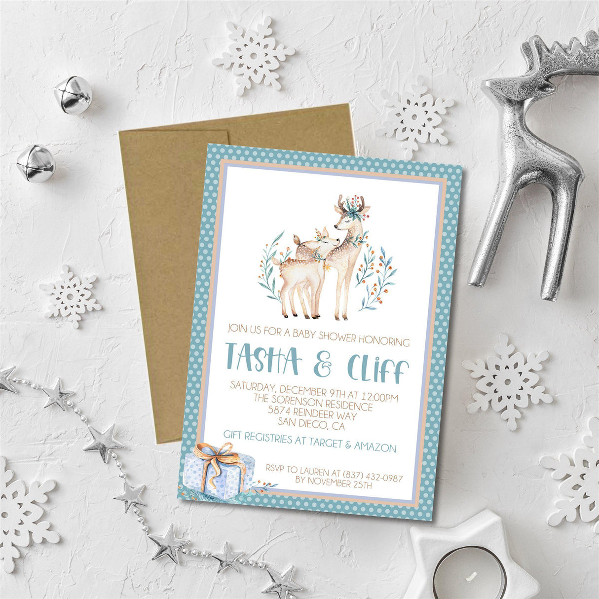 winter reindeer baby shower invitations christmas theme