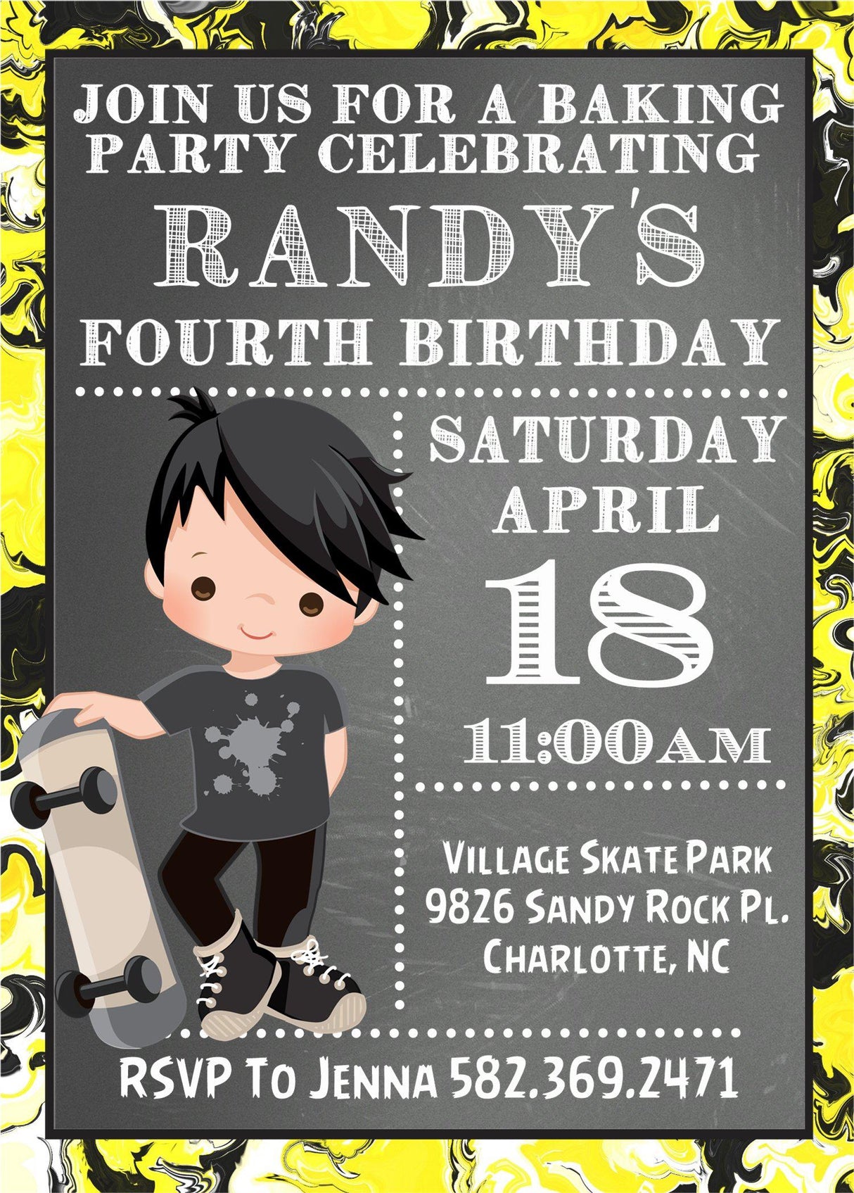yellow black skateboard invitation cards boys skater party style