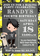 yellow black skateboard invitation cards boys skater party style