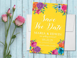 yellow wedding save the dates tropical floral theme